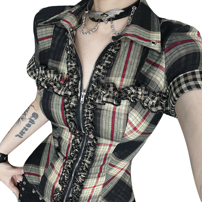 XS25140 ダークチェック柄シャツ女性用 2025 新しいスタイル純粋な欲望スタイルのジッパーデザインハイストリート戦闘ダメージ加工|undefined