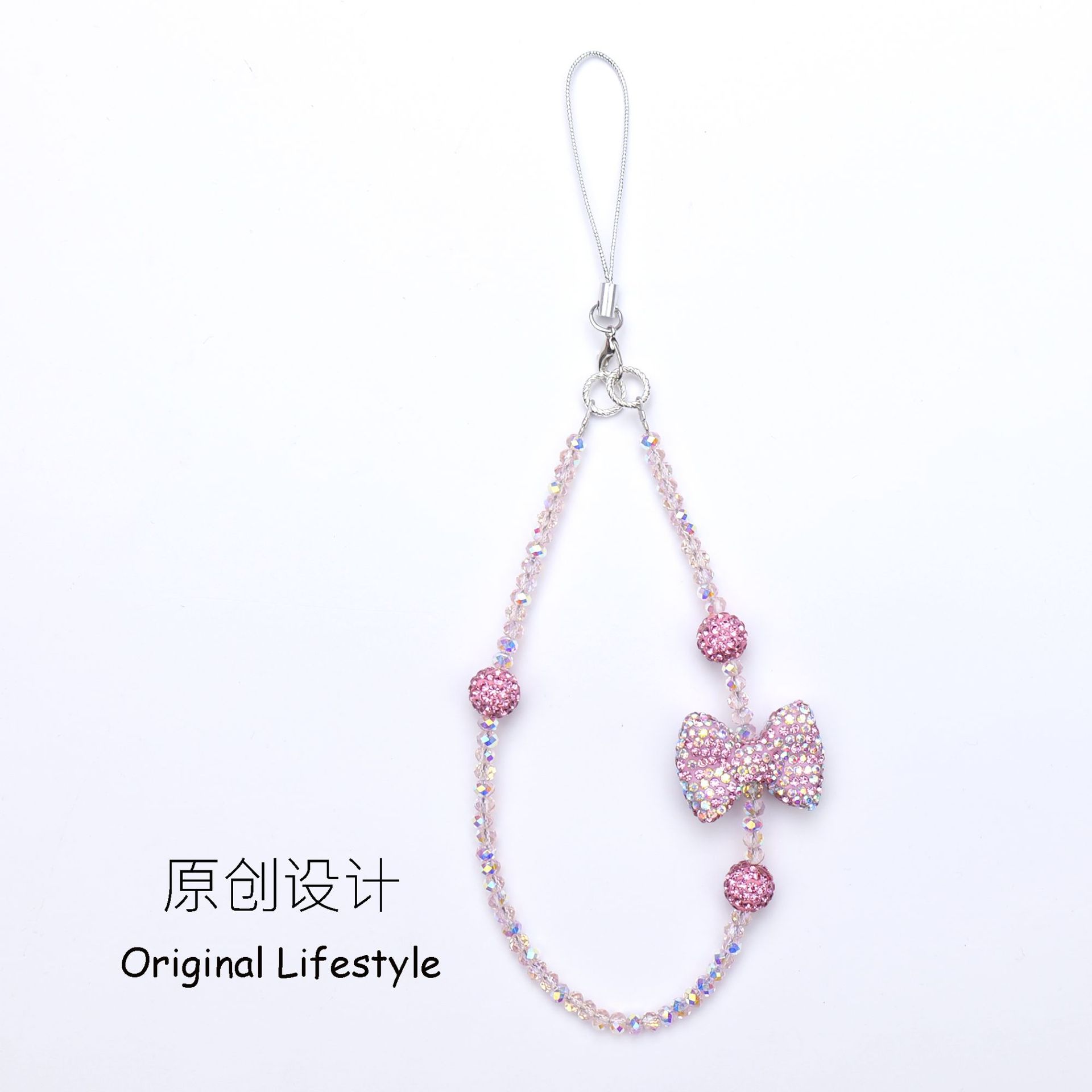 Original bow diamond ball crystal mobile phone chain pink beaded mobile phone lanyard pendant cute girl scenic gift