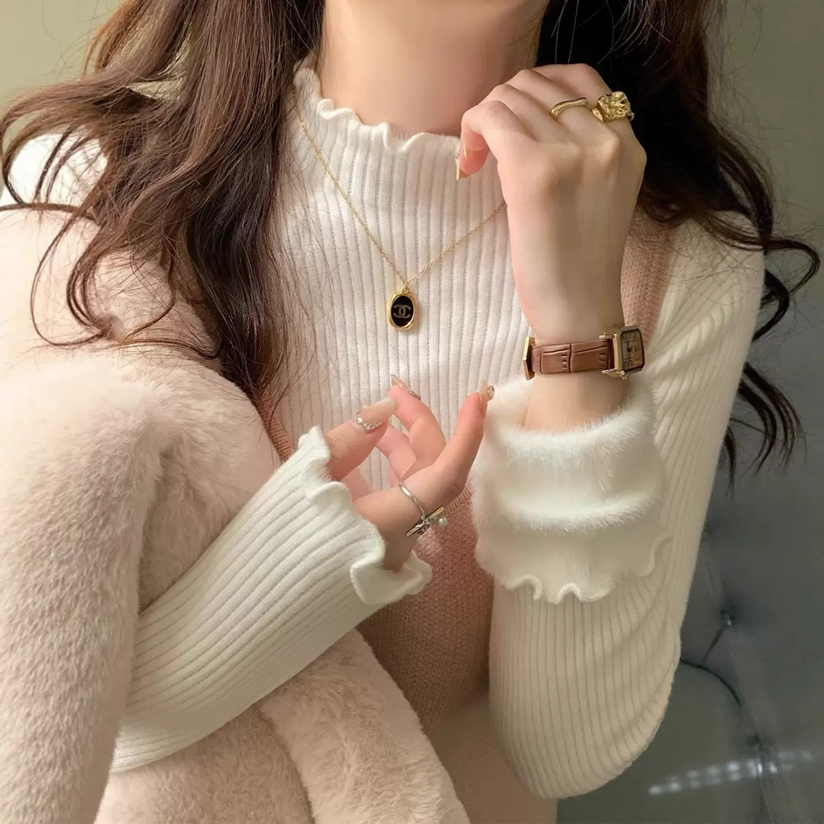 加绒加厚一体绒针织打底衫女木耳边半高领毛衣秋冬季长袖内搭上衣