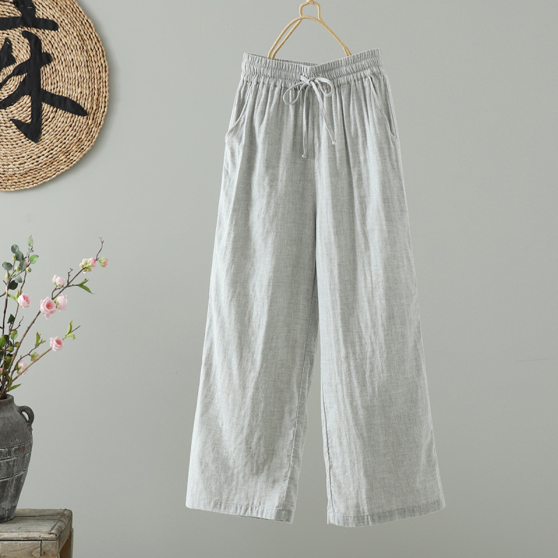 工場直販夏新作綿糸シンプルルーズストレートパンツ二層ガーゼ無地薄手9点パンツ|undefined