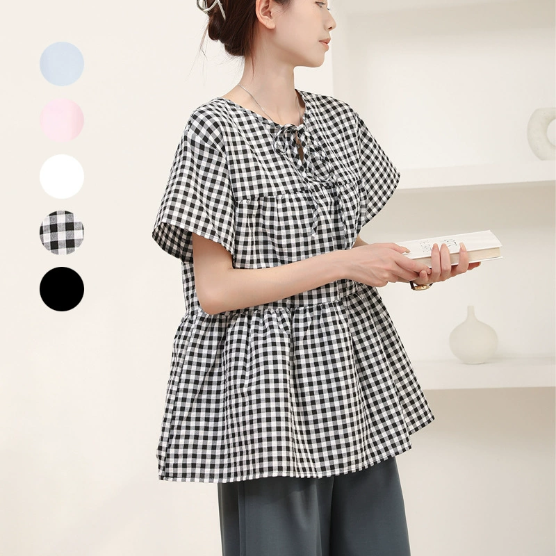Японская и корейская летняя футболка, женская двусторонняя свободная футболка с рюшами, утягивающая однотонный клетчатый топ с короткими рукавами
