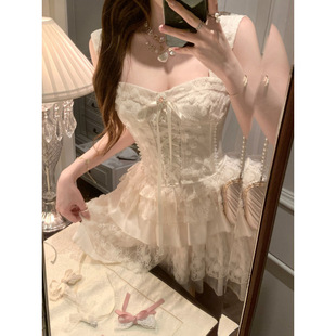奶酪甜心~玫瑰立體花顯瘦吊帶上衣多層蛋糕短裙重工蕾絲兩件套裝