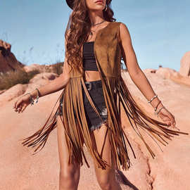 2025夏季亚马逊速卖通欧美爆款流苏外套无扣中长款背心马甲外套女