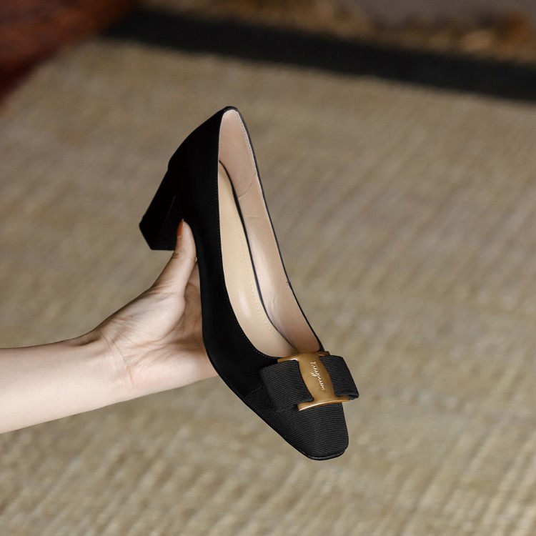 Cowhide single shoes, spring mid-heel small leather shoes, British style block heel women's leather shoes, color-blocking women's shoes_voghion.com