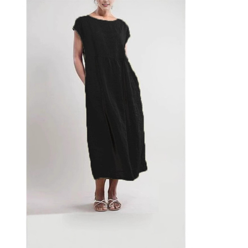 Cross-Border 2025 New European and American Amazon Solid Color Sleeveless Loose Cotton and Linen Pocket Dress Cross-Border in Stock