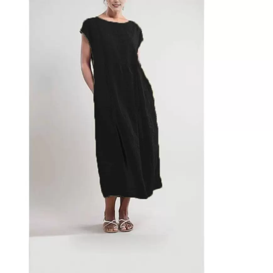 跨境2025新款欧美亚马逊纯色无袖宽松棉麻插口袋连衣裙跨境现货