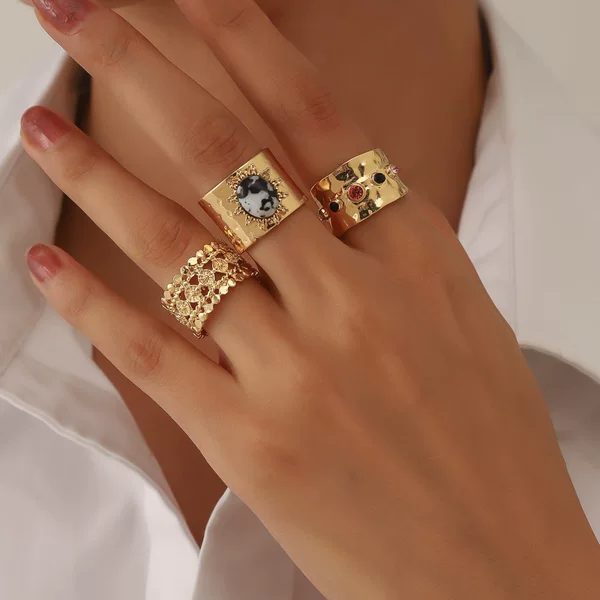 European and American Cross-Border Jewelry Fashion Joint Combination Ring Women's Hand Jewelry Hip-Hop Metal Lava Gemstone Rings Set