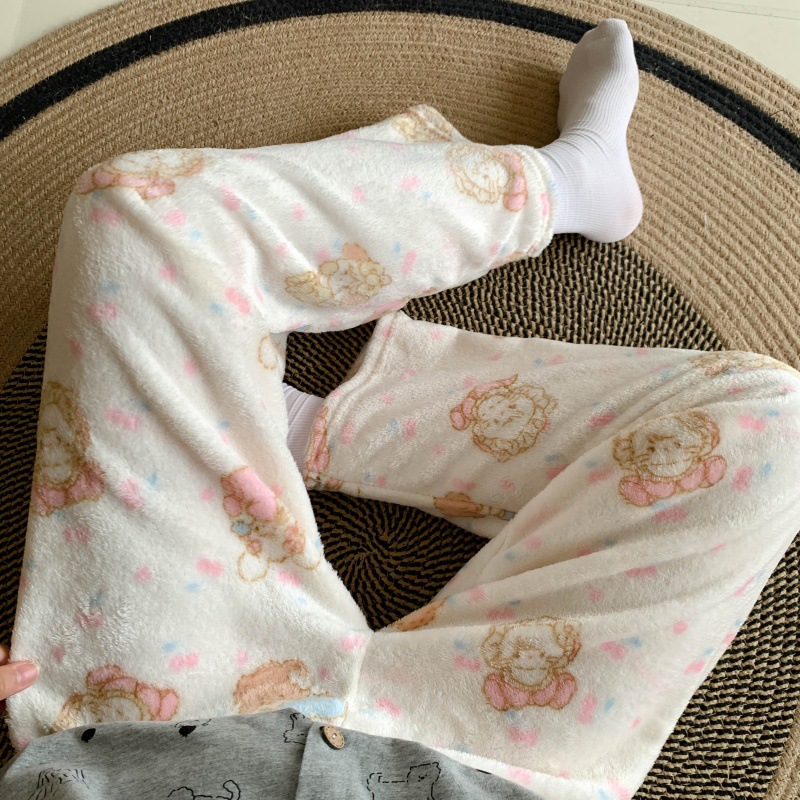 Pantalones de pijama de franela de dibujos animados de otoño y invierno para mujeres con pantalones de lana de coral caliente para estudiantes de lana de invierno para el hogar