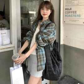 韩系蓝色格子防晒衬衫外套女秋季2026新款初秋氛围感穿搭长袖上衣