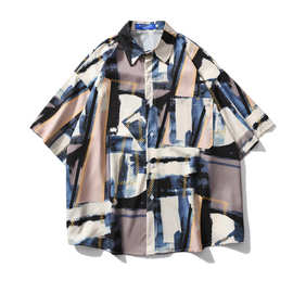 夏季港味复古墨画短袖衬衫男2022新款宽松休闲撞色情侣痞帅衬衣潮