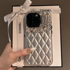 高級感のある菱形模様のiPhone17ProMax用スマホケース、15フルカバー、ホットシルバーダイヤモンド、小香風14pro装飾