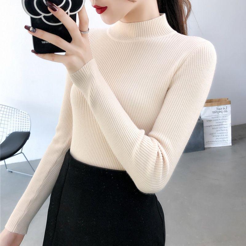 Spring and autumn base layer sweater for women, new slim-fit 2025 knitwear, long-sleeved, stylish winter half-high neck sweater for women to wear as outerwear Spring and autumn base layer sweater for women, new slim-fit 2025 knitwear, long-sleeved, stylish winter half-high neck sweater for women to wear as outerwear