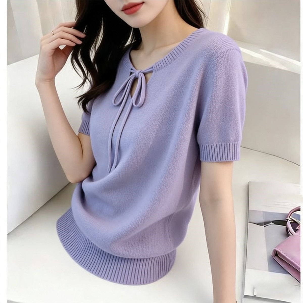 Áo thun nữ tay ngắn cổ tròn dáng rộng chất liệu dệt kim mỏng mùa hè — Xanh lá cây nhạtcolor, Màu tím. chi tiết 7