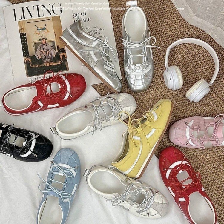 Sheepskin version ~ silver training shoes women's flat ballet shoes retro summer versatile soft bottom sports casual skate shoes