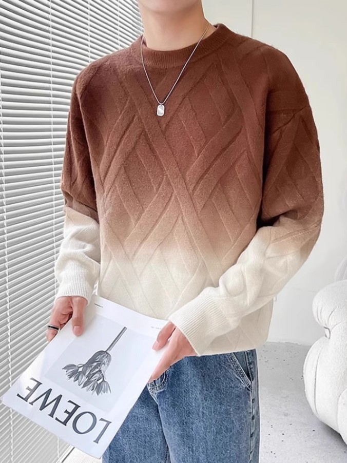 Otoño e invierno casual retro degradado cuello redondo jersey hombres de moda suelto suéter de punto