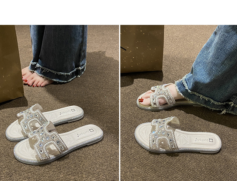 Piccole pantofole stile profumato da donna 2023 sandali piatti estivi stile casual moda strass parola_voghion.com