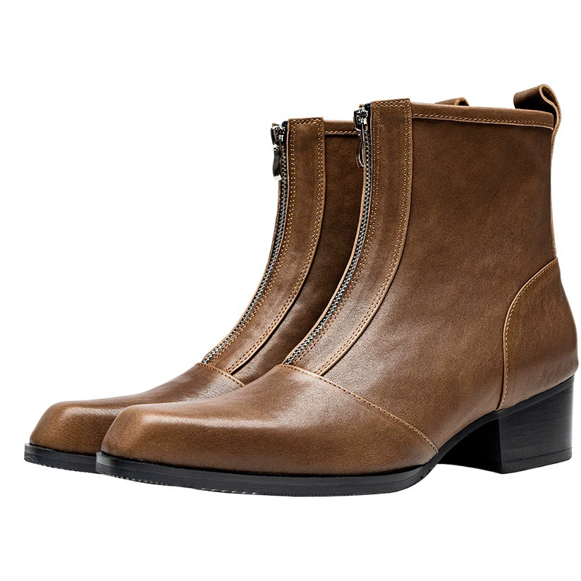 Поколение оригинальных европейских и американских маленьких мужских кожаных ботинок на высоком каблуке Коричневые мужские ботинки из воловьей кожи с небольшими квадратными молниями и увеличенными разрезами