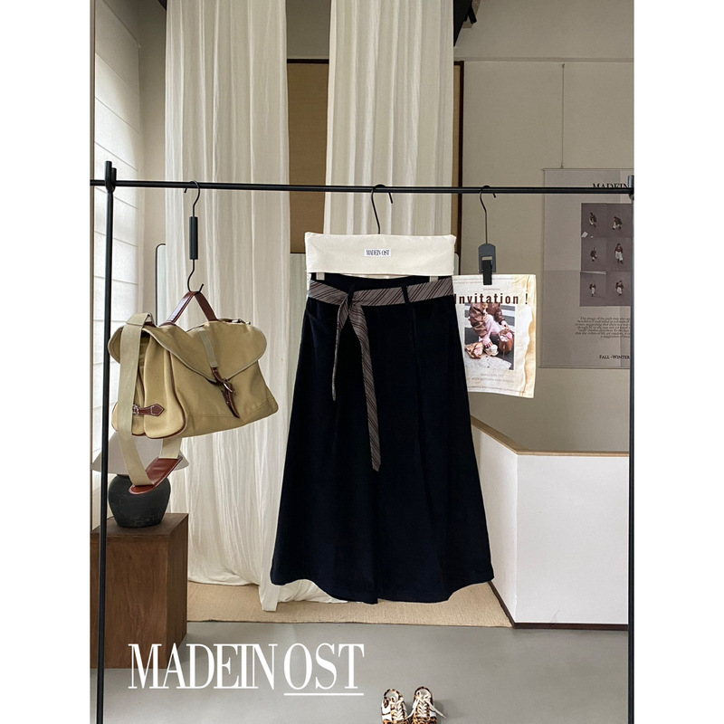 MADEIN OST-式复古斜纹腰带灯芯绒阔腿八分裤休闲裤(配腰绳)57222|undefined