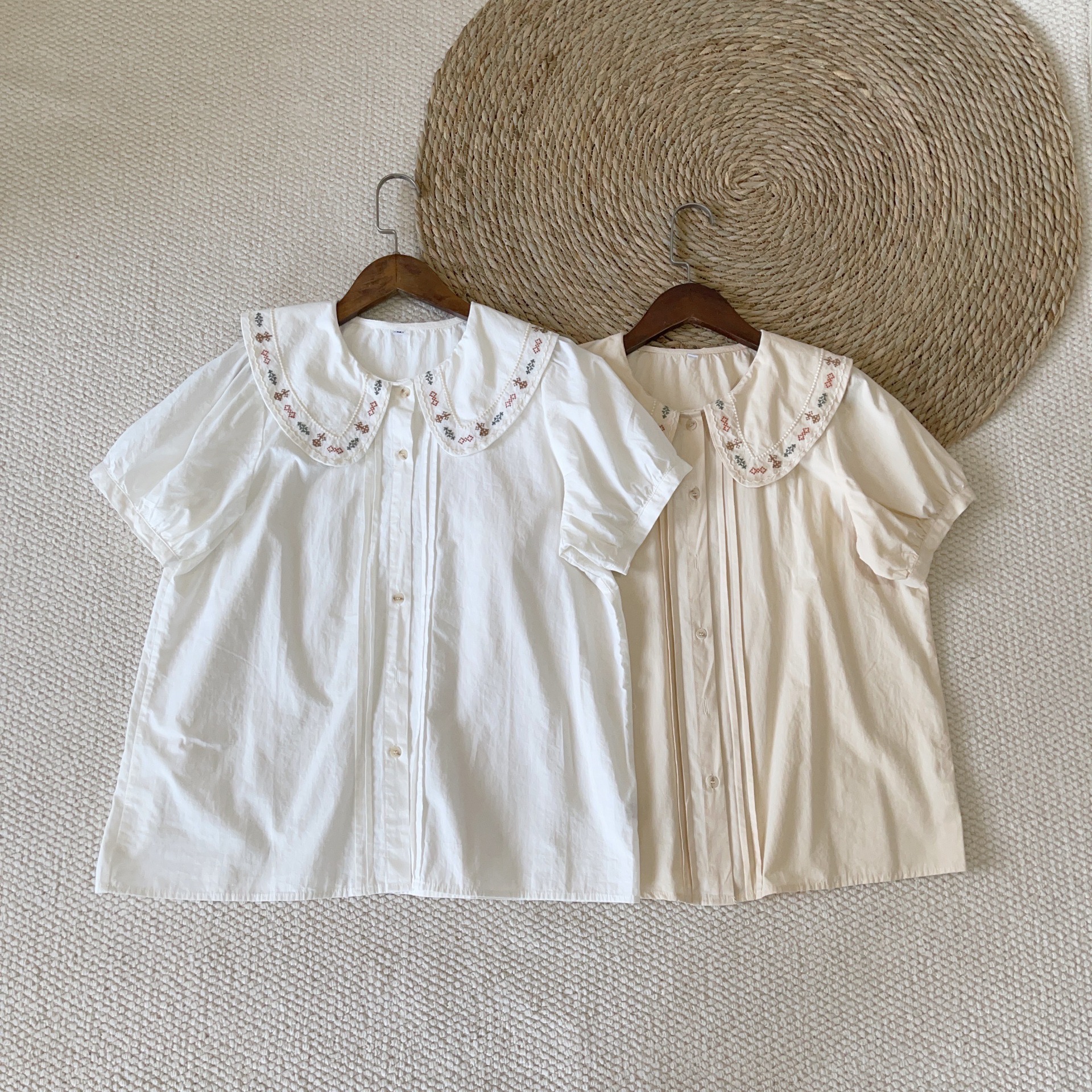 Japanese-Style Youthful Mori Girl Cross-Stitch Embroidery Large Lapel Doll Collar Pleated Long-Sleeve Cotton Shirt for Women