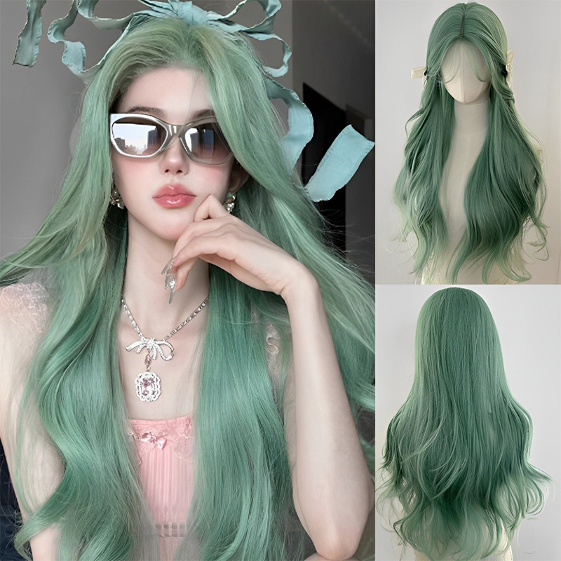 Wig Headgear Women's Mint Green New Style Wig Chemical Fiber Long Curly Hair Natural Simulation Full Headgear