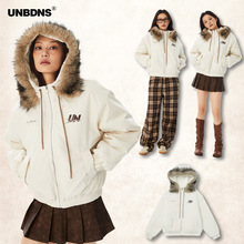 UNBDNS原创美式座山雕毛领棉服女冬季小众设计感保暖夹棉百搭外套