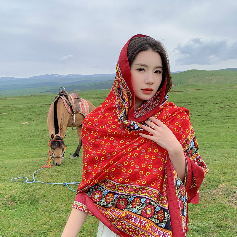 Tíbet turismo estilo étnico rojo algodón y lino sensación bufanda viajes fotografía decorativo chal moda desgaste exterior bufanda grande