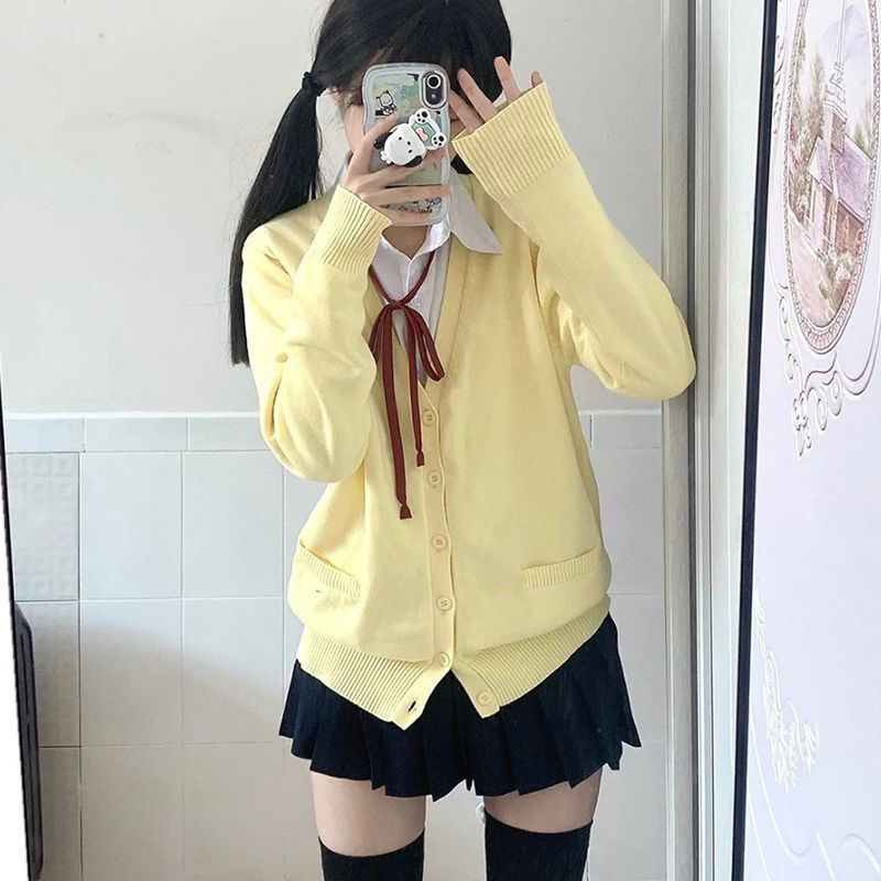 A Complete Set/Two Pieces/Single Piece Japanese Style Autumn and Winter Anime Yellow Jk Uniform Sweater Knitted Cardigan Preppy Style Suit for Women A Complete Set/Two Pieces/Single Piece Japanese Style Autumn and Winter Anime Yellow Jk Uniform Sweater Knitted Cardigan Preppy Style Suit for Women