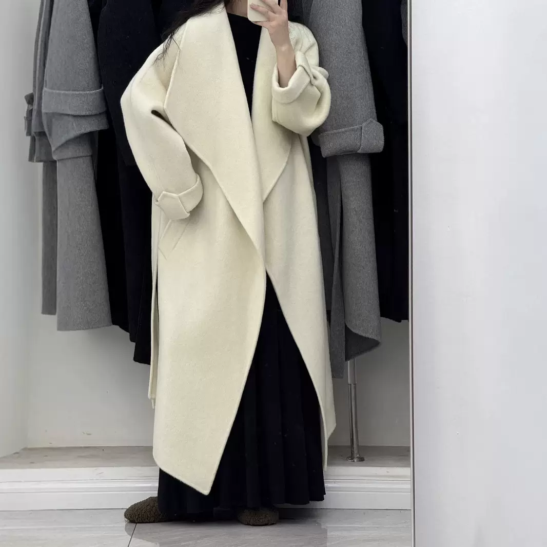 秋冬新款大码宽松大翻领加长款慵懒风韩版双面呢羊毛大衣女外套