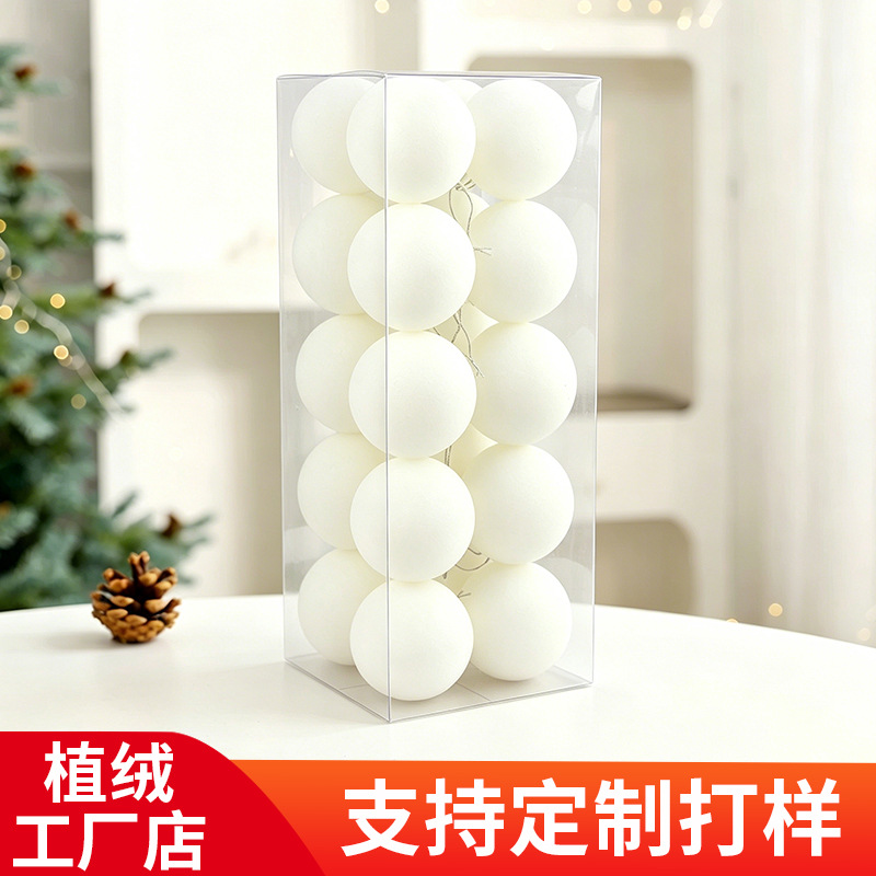 Fábrica tienda floc floc bolas de navidad 8CM / 20pcs caja floc floc bolas de navidad colgantes de bolas de plástico en stock de vacaciones