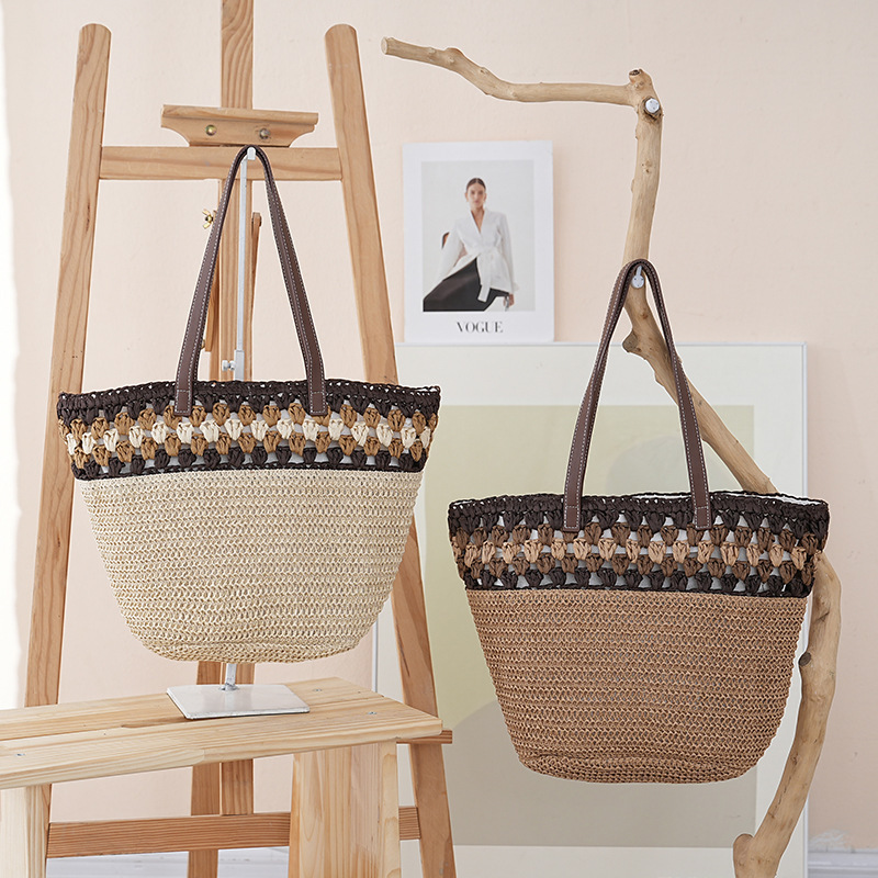 New bucket bag, versatile shoulder beach bag, straw woven bag, hollow woven bag, women's holiday-style underarm bag, cross-border