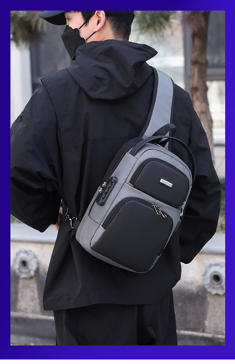 New single-shoulder crossbody bag, men's casual travel bag, simple chest bag, multi-functional waterproof password lock, anti-theft small backpack Item Picture