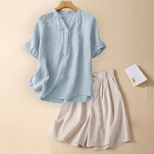 大码夏季装中年女士妈妈棉麻短袖套装高端苎麻衬衫亚麻短裤两件套