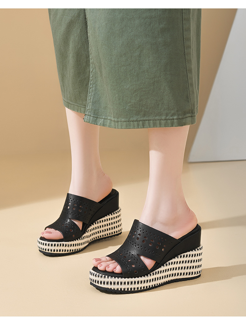 Sandal hở mũi nữ da bò cao cấp đế xuồng tăng chiều cao — màu đen, Trắng kem-, màu mơ chi tiết 2