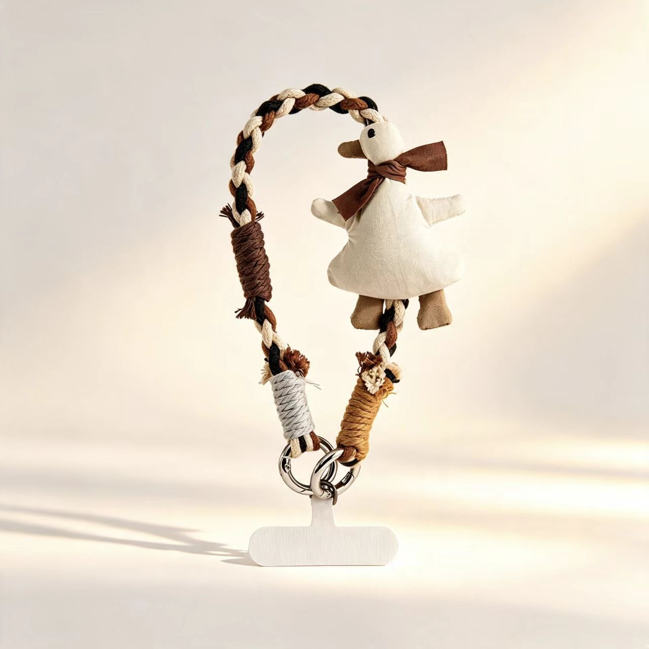Fabric Bowknot Goose Plush Phone Strap, Vintage Color-Contrast Woven Bracelet, Cute Doll Bag Pendant