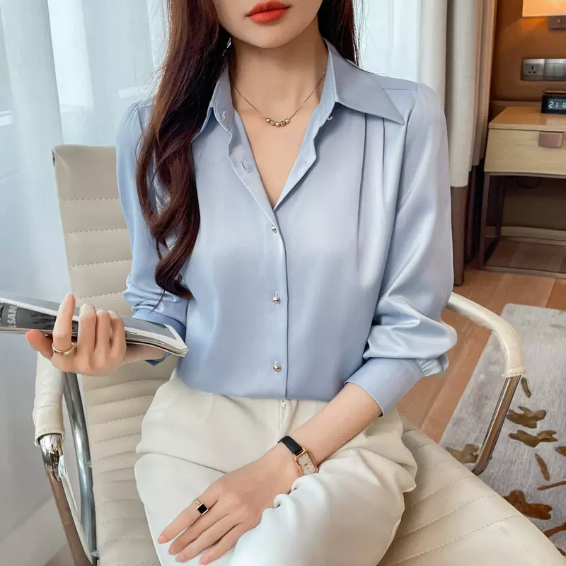 复古白色衬衫女春秋新款宽松长袖设计感上衣职业修身气质真丝衬衣