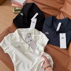alo2025新款翻领polo短袖T恤女正肩修身显瘦纯色上衣感夏季白色棉