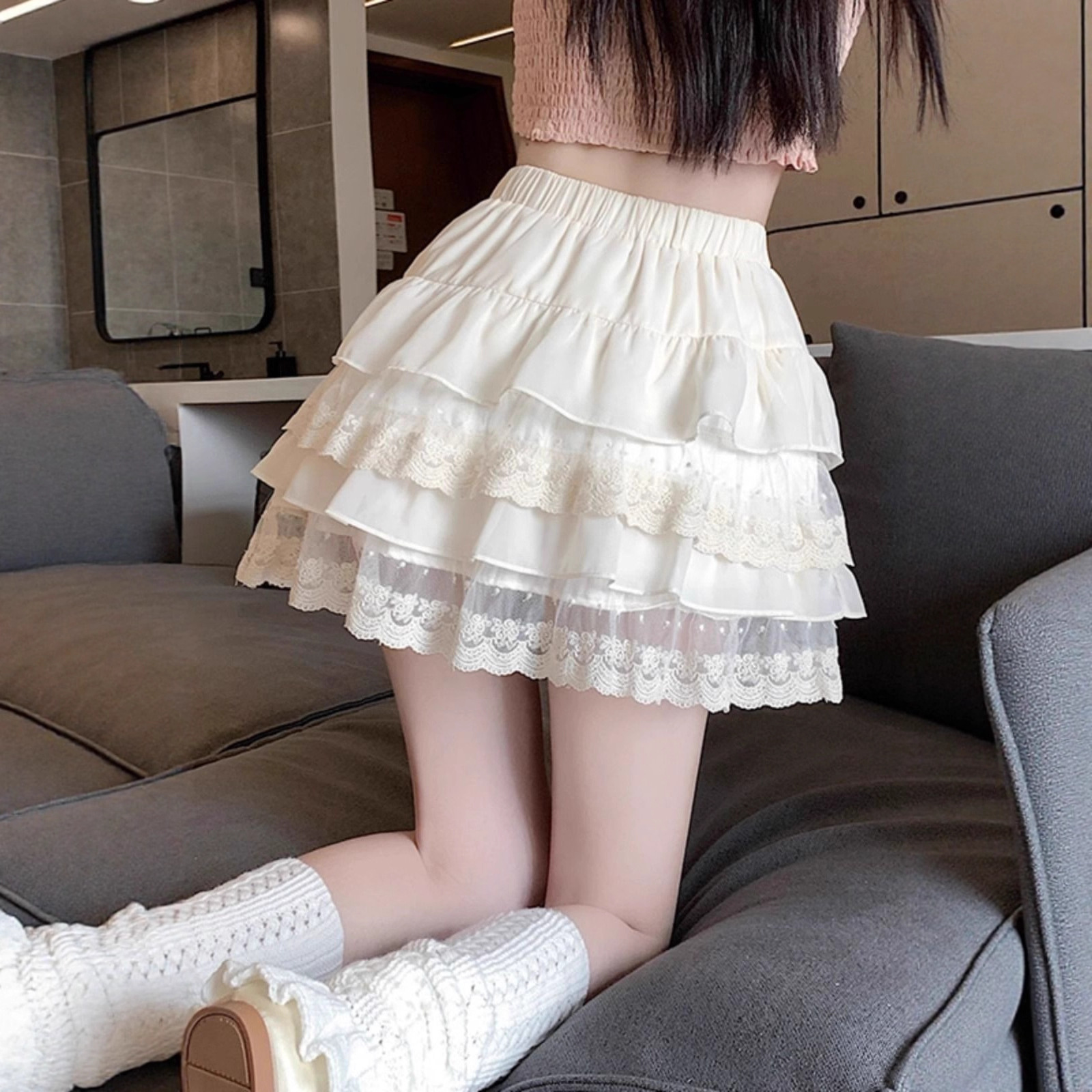 白色蕾丝蛋糕裙半身裙女夏季高腰显瘦小个子字裙公主蓬蓬裙短裙