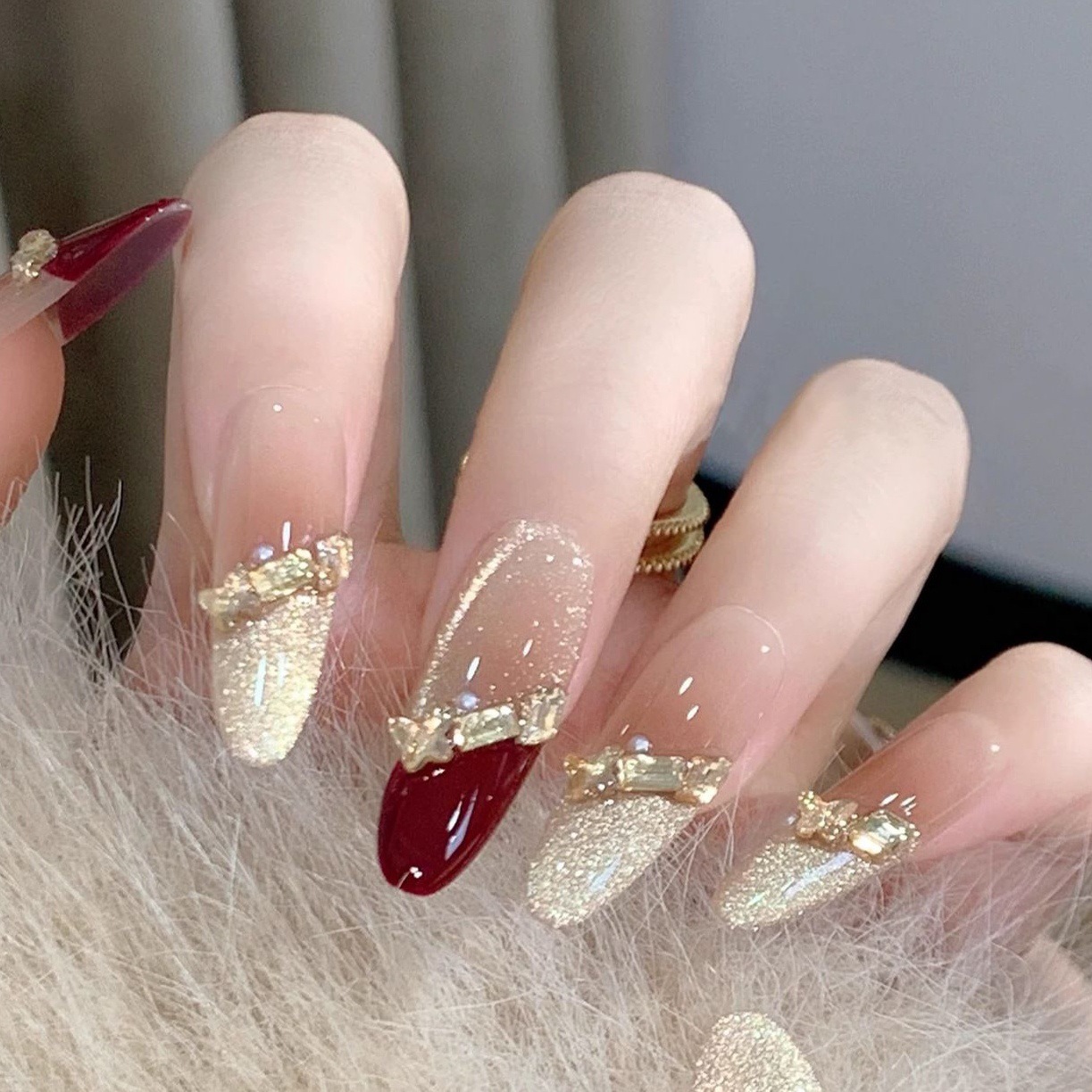 Manual puro francés ojo de gato usar manicure parche de uñas acabado vino rojo oro blanqueador parche de uñas blanqueador brillante