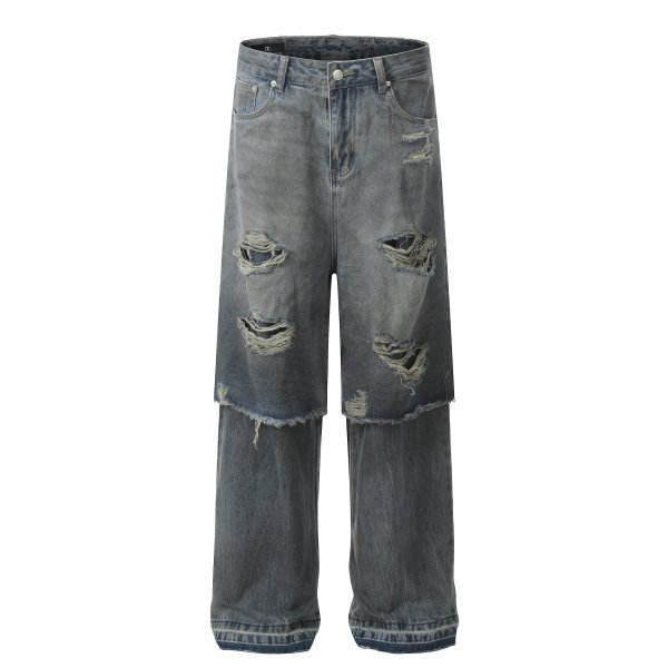 Customized Men's Jeans, American Trendy Brand, Stacked Fake Two-Piece Ripped, Washed Vibe High Street Loose Floor-Length Pants