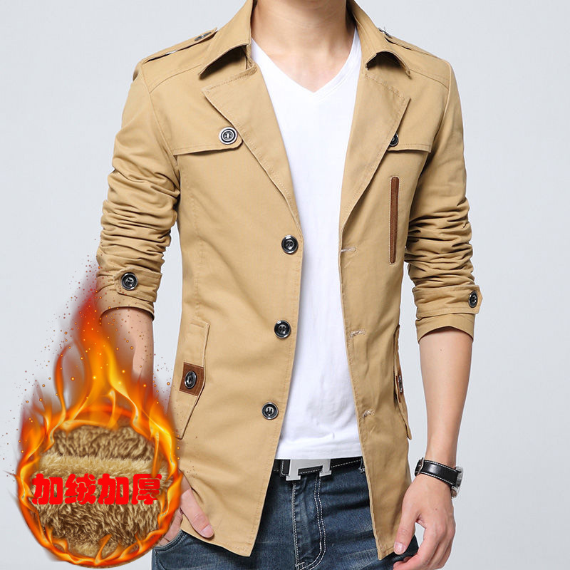 秋冬季夹克男中长款韩版修身上衣加绒加厚青年风衣帅气纯棉外套