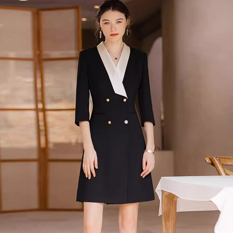 Spring and Summer new half sleeve champagne color matching large knife collar double breasted professional dress host formal dress mid-length dress