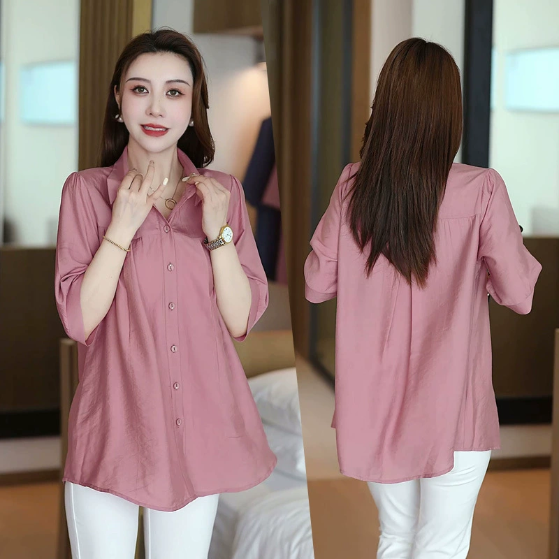 Женская рубашка средней длины с короткими рукавами, новинка лета 2025 года, свободный топ большого размера, закрывающий тело и придающий стройный вид, женская универсальная рубашка