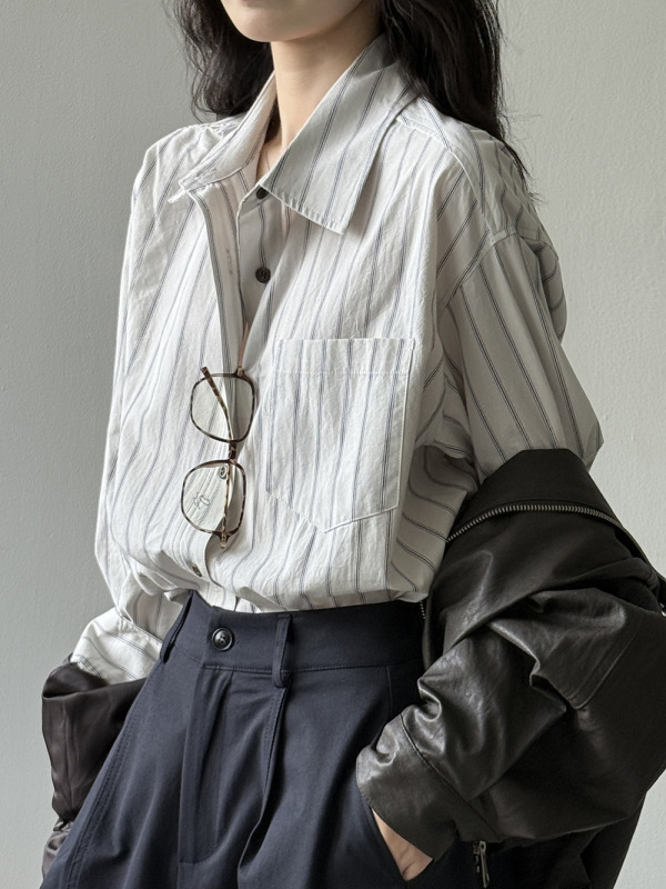 言双 竖条纹长袖纯棉衬衫女 秋季韩版休闲BF风宽松显瘦衬衣82597|undefined