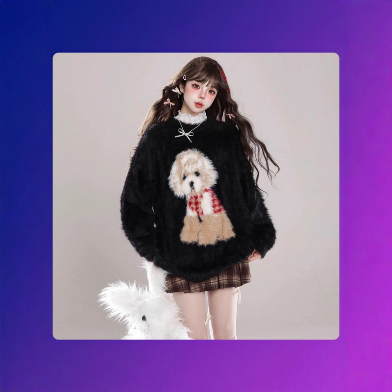 Cartoon Puppy Imitation Mink Velvet Knitwear for Women in Autumn and Winter Loose Soft Waxy Lazy Style Mid-Length Casual Knitwear
