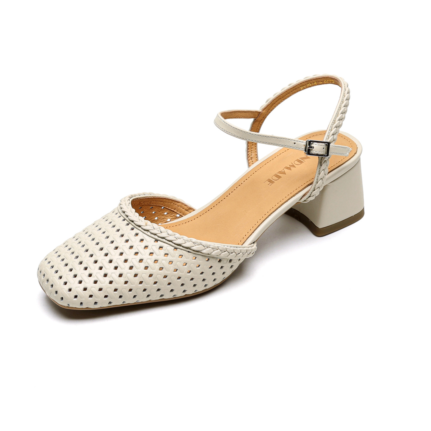 Giày sandal cao gót nữ quai ngang mũi tròn da bò, gót 5 cm — đen