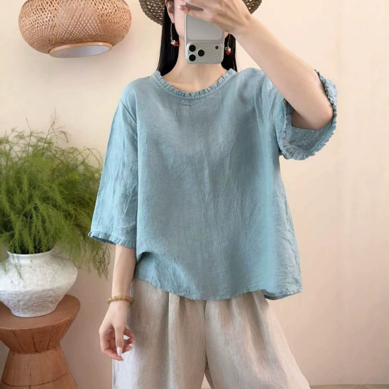 Linen Three-Quarter Sleeve Shirt, Artistic and Simple, Lace-Trimmed Round Neck, Versatile Loose Pullover Top for Women Linen Three-Quarter Sleeve Shirt, Artistic and Simple, Lace-Trimmed Round Neck, Versatile Loose Pullover Top for Women
