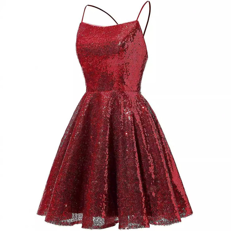 Burgundy Sequined Spaghetti Strap Evening Gown for Prom and Party Hosting, Elegant and Slim-Fitting Short Dress Burgundy Sequined Spaghetti Strap Evening Gown for Prom and Party Hosting, Elegant and Slim-Fitting Short Dress