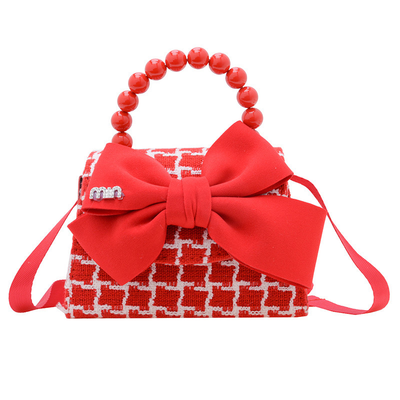 Año nuevo rojo Chanel estilo de los niños perla bolso del bebé lindo arco cadena niñas monedero