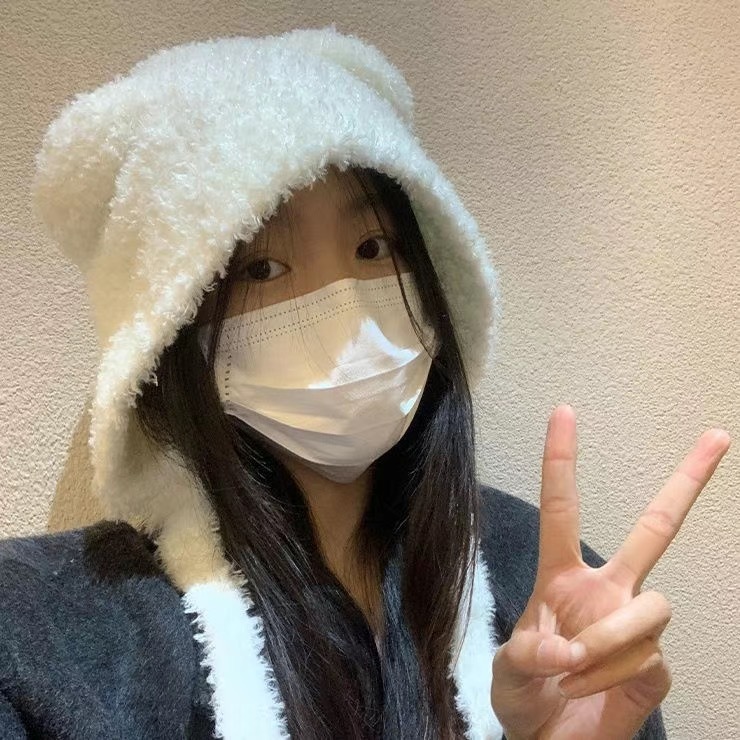 クマのニット帽、かわいいウールのぬいぐるみ、女性の秋冬の万能韓国版、暖かいぬいぐるみ、大きな頭囲、小さな顔|undefined