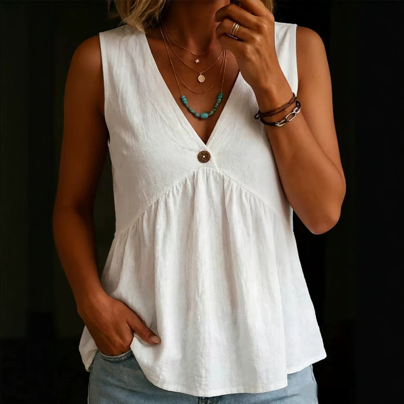 2026 New European and American Style Casual Elegant V-Neck Button Pullover Sleeveless Vest Multi-Color Summer Top Shirt 2026 New European and American Style Casual Elegant V-Neck Button Pullover Sleeveless Vest Multi-Color Summer Top Shirt